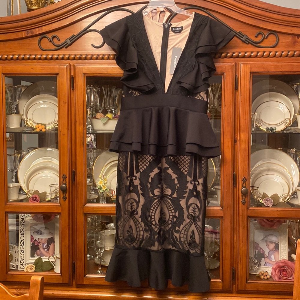 Brand New with tags BEBE Lace Ruffle Peplum Pencil Dress